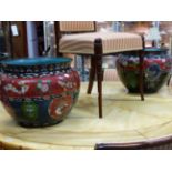 A PAIR OF JAPANESE CLOISONNE PLANTERS, THE RED BANDS ON THE SHOULDERS WITH BUTTERFLIES, MYTHICAL