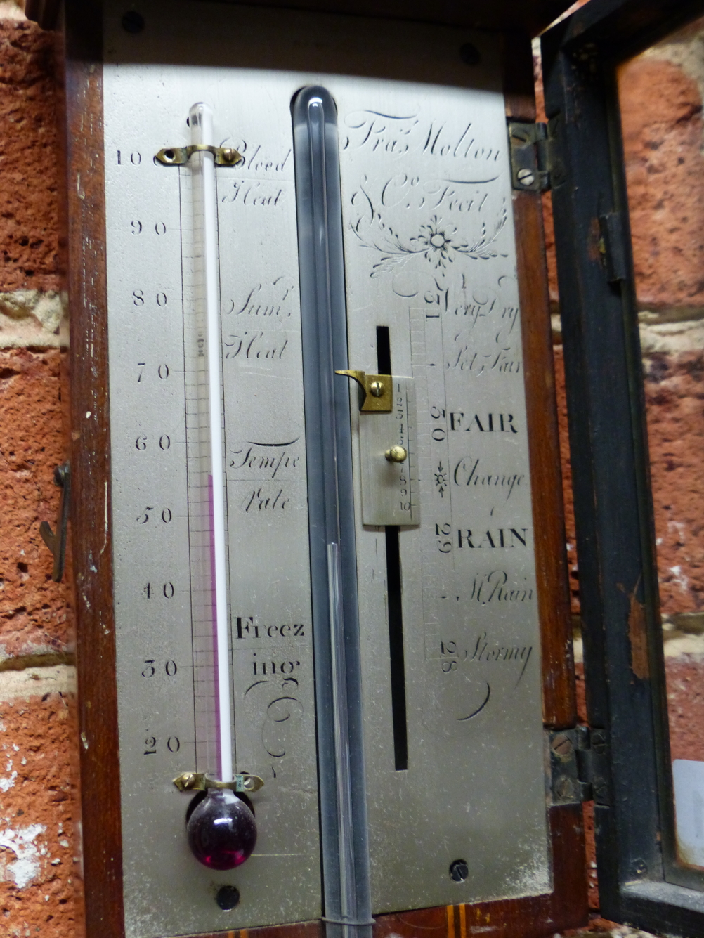 AN EARLY 19th.C.MAHOGANY AND INLAID CASED STICK BAROMETER TURNED RESERVOIR COVER, EXPOSED STEM AND - Image 2 of 10