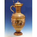 A METTLACH BALUSTER EWER WITH PEWTER HINGED COVER DATED 1885, INCISED AND PAINTED WITH THREE