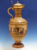 A METTLACH BALUSTER EWER WITH PEWTER HINGED COVER DATED 1885, INCISED AND PAINTED WITH THREE