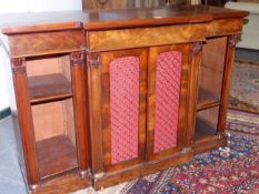 A VICTORIAN MAHOGANY BREAK FRONT SIDE CABINET BOOKCASE WITH TWIN CENTRAL LATTICE PANEL DOORS FLANKED