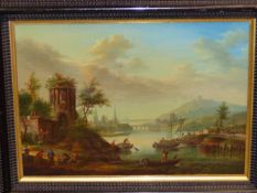 OLD MASTER SCHOOL. A CONTINENTAL RIVER LANDSCAPE WITH NUMEROUS FOREGROUND FIGURES, OIL ON CANVAS. 30