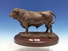 JULIAN JEFFERY FOR HEREDITIES LTD, A COLD CAST BRONZED FIGURE OF A PRIZE BULL WITH FRAMED