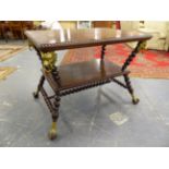 AN UNUSUAL 19th.C.MAHOGANY CENTRE TABLE WITH UNDERTIER, ANGLED BARLEY TWIST SUPPORTS MOUNTED WITH