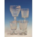 A PAIR OF GOBLETS WITH BUCKET BOWLS CUT WITH DIAMOND DIAPER. H 13cms. ANOTHER SMALLER. H 12cms.