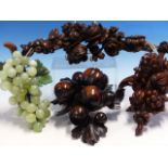 THREE CARVED WOOD PENDANTS OF FRUIT AND FLOWERS, THE LARGEST. H 32cms TOGETHER WITH TWO HARDSTONE