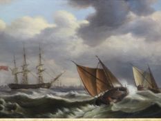 EARLY 19th.C.ENGLISH SCHOOL. SHIPPING OFF A COASTAL PORT, INDISTINCTLY SIGNED AND DATED 1829, OIL ON