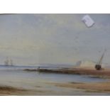 19th.C.ENGLISH SCHOOL. A COASTAL VIEW, INITIALLED I.T. AND DATED 1855, WATERCOLOUR. 22.5 x 34cms