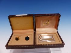 A BOXED DUNHILL PARCEL GILT PAGE MARKER TOGETHER WITH A PAIR OF CUFFLINKS WITH BLUE ENAMEL AND