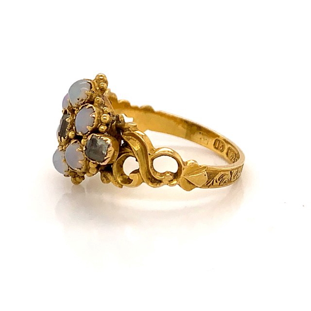 A 15CT GOLD VICTORIAN OPAL AND GEMSTONE CLUSTER RING, DATE LETTER Y. FINGER SIZE N. WEIGHT 2.8grms. - Image 8 of 8