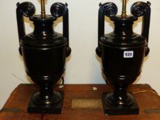 A PAIR OF EBONISED TABLE LAMPS IN THE FORM OF CLASSICAL GREEK URNS. H.45cms. (2)