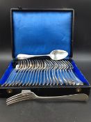 ANTIQUE FRENCH SILVER PLATE CUTLERY TO INCLUDE TWELVE DESERT SPOONS AND ELEVEN DINNER FORKS