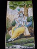 A VELVET CASED INDIAN MINIATURE OF KRISHNA SEATED BELOW A TREE BY A PEACOCK AND PLAYING A FLUTE. H