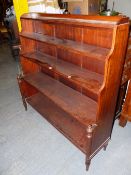 AN ANTIQUE MAHOGANY WATERFALL BOOKCASE WITH EBONY STRUNG INLAY DECORATION, FOUR SHELVES, THE LOWER