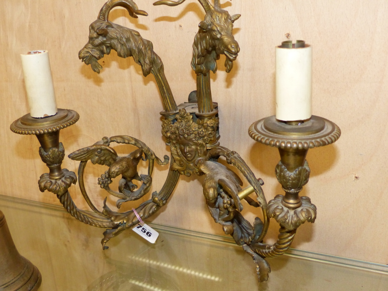 A PAIR OF ORMOLU TWO BRANCH WALL LIGHTS TOGETHER WITH A HANDBELL, THE FORMER WITH BACK PLATES TOPPED - Image 7 of 12