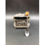 A LATE 19th.C. SILVER PLATE ON COPPER JEWELLERY CASKET TOGETHER WITH A .925 FRENCH SILVER AMBER