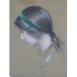 ERNEST FOSBERY. (1874-1960) PORTRAIT OF A GIRL, AN INDISTINCTLY SIGNED PASTEL. 30 x 22cms TOGETHER