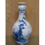 A BLUE AND WHITE GUGLET SHAPED TABLE LAMP BASE BY ISIS CERAMICS PAINTED WITH A VIEW OF THE