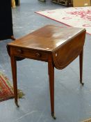 AN EARLY 19th.C.MAHOGANY AND INLAID PEMBROKE TABLE WITH END DRAWER ON SQUARE TAPERED KEGS WITH BRASS