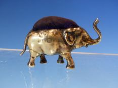 AN ANTIQUE EDWARDIAN SILVER HALLMARKED ELEPHANT FORM PIN CUSHION, DATED 1906 FOR LEVI AND SALAMAN.