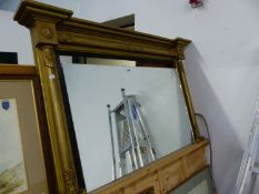 A 19th.C.GILT FRAMED OVERMANTLE MIRROR WITH SPLIT TURNED AND MOULDED DECORATION. 135 x 85cms.