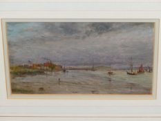 WILLIAM LIONEL WYLIE. (1851-1931) A COASTAL ESTUARY VIEW, SIGNED AND INDISTINCTLY DATED, OIL ON