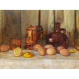 MARY REMINGTON. (1916-2003) ARR. TWO GOOD FARM EGGS, SIGNED AND DATED 1975, OIL ON BOARD. 51 x
