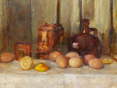 MARY REMINGTON. (1916-2003) ARR. TWO GOOD FARM EGGS, SIGNED AND DATED 1975, OIL ON BOARD. 51 x