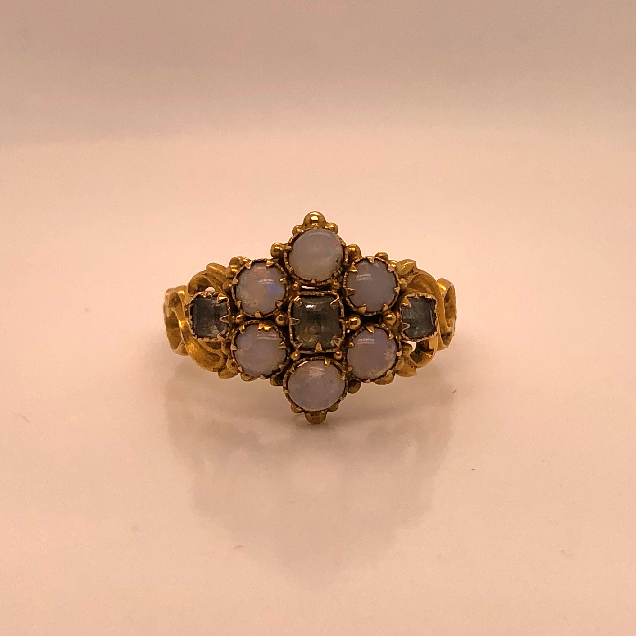 A 15CT GOLD VICTORIAN OPAL AND GEMSTONE CLUSTER RING, DATE LETTER Y. FINGER SIZE N. WEIGHT 2.8grms. - Image 3 of 8