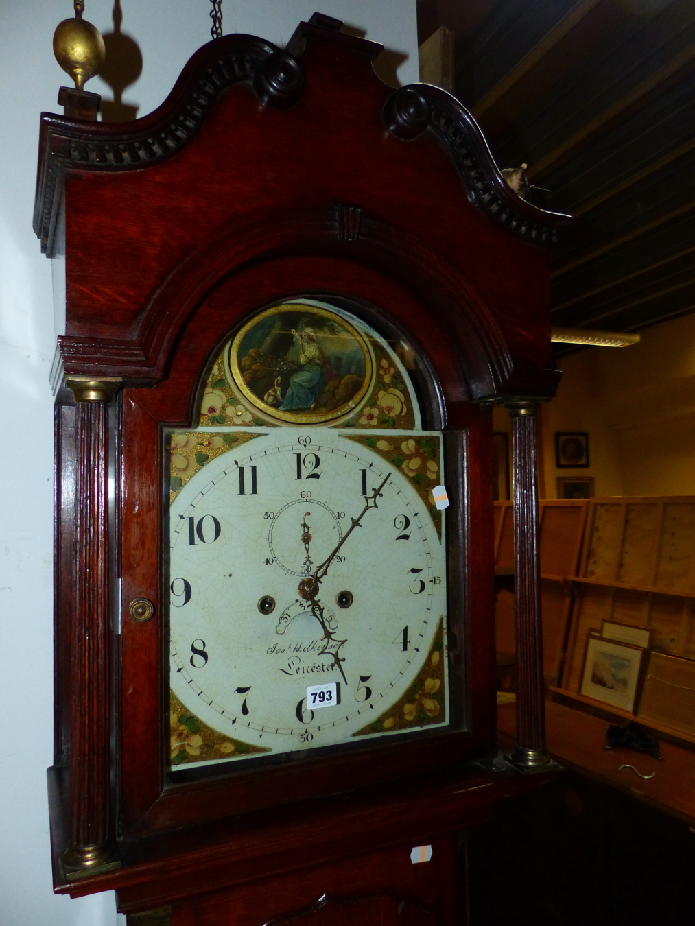 A 19th.C.OAK AND MAHOGANY LONG CASE CLOCK WITH PAINTED 12" DIAL, ARCH TOP DIAL SIGNED WILKINSON, - Image 6 of 8