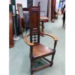 AN ARTS AND CRAFTS 'SHAKESPEARE' STAINED OAK ARMCHAIR, IN THE MANNER OF E.W.GODWIN, THE HIGH BACK