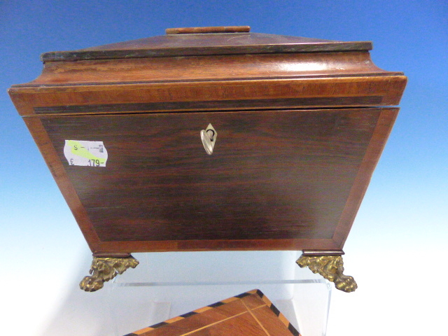 A ROSEWOOD TWO COMPARTMENT SARCOPHAGUS TEA CADDY WITH GILT METAL LION MASK AND RING HANDLES ABOVE - Image 2 of 10