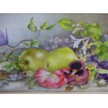 FILIPPA WHITFORD. 20th/21st.C. ARR. FLORAL AND FRUIT STILL LIFE, SIGNED WATERCOLOUR. 18 x 41cms.