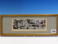 20th.C. BRITISH SCHOOL. BOATING, INK WASH DRAWING, INSCRIBED VERSO. 6.5 x20.5cms.