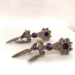 A PAIR OF YELLOW AND WHITE GOLD DIAMOND AND AMETHYST ARTICULATED MULTI DROP EARRINGS. GROSS WEIGHT