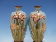 A PAIR OF JAPANESE CLOISONNE VASES, THE SKY BLUE SLENDER OVOID BODIES ENAMELLED WITH IRISES. H