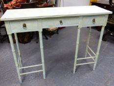 A SPONGED BLUE ON CREAM CONSOLE TABLE, THE RECTANGULAR TOP ON SIMULATED BAMBOO TAPERING