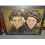 ISAACSON. 20th/21st.C. ARR. PORTRAIT OF TWO ARTISTS, SIGNED AND DATED 2001, OIL ON BOARD. 59 x