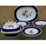 A 19th C. DERBY PART NAMED BOTANICAL TEN PIECE PART SERVICE, EACH FLOWER PAINTED WITHIN A BLUE