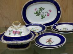 A 19th C. DERBY PART NAMED BOTANICAL TEN PIECE PART SERVICE, EACH FLOWER PAINTED WITHIN A BLUE