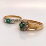 AN 18ct EMERALD AND MULTI DIAMOND CLUSTER RING FINGER SIZE M 1/2 TOGETHER WITH AN 18ct AND