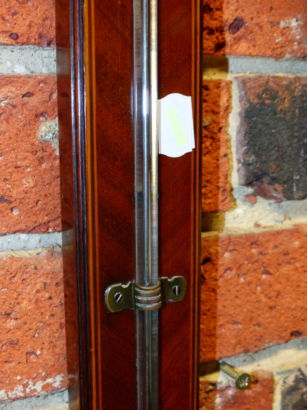 AN EARLY 19th.C.MAHOGANY AND INLAID CASED STICK BAROMETER TURNED RESERVOIR COVER, EXPOSED STEM AND - Image 8 of 10