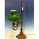 TWO ELECTRIC TABLE LAMPS WITH GREEN GLASS SHADES, ONE ADJUSTABLE ON REEDED COLUMN WITH FOLIATE
