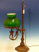 TWO ELECTRIC TABLE LAMPS WITH GREEN GLASS SHADES, ONE ADJUSTABLE ON REEDED COLUMN WITH FOLIATE