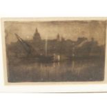 JOSEPH PENNELL. (1857-1926) THREE ATMOSPHERIC LONDON THAMES VIEWS, PENCIL SIGNED ETCHINGS. 23 x