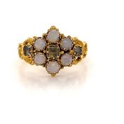 A 15CT GOLD VICTORIAN OPAL AND GEMSTONE CLUSTER RING, DATE LETTER Y. FINGER SIZE N. WEIGHT 2.8grms.