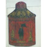A DECORATIVE WOOD AND CHINOISERIE DECORATED SIGN FOR A TEA SELLER, DESIGNED AS A TEA CADDY. H.