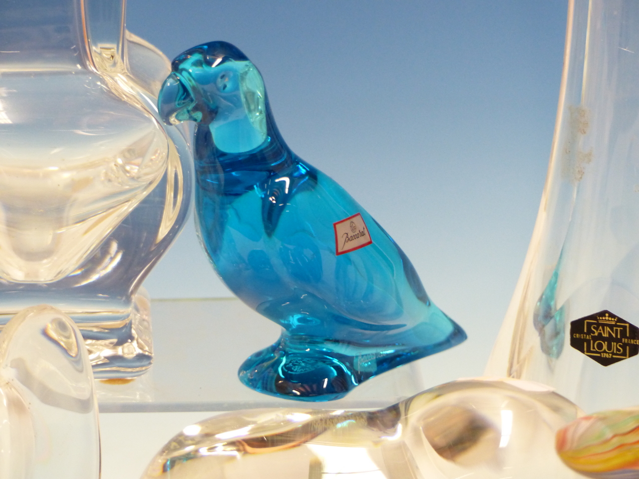 A BACCARAT CLEAR GLASS ELEPHANT. H 12.5cms AN ANGEL. H 15.5cms. A HAND BELL, A BLUE AND A GREEN - Image 4 of 8