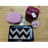 A RADLEY FOLD AWAY PINK BAG MADE FROM WASTE PLASTIC BOTTLES, A RED LEATHER ZIP UP MAKE UP BAG