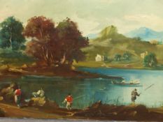 A DECORATIVE ITALIANANTE LANDSCAPE AFTER THE OLD MASTERS, OIL ON CANVAS, UNFRAMED. 59 x 121cms.